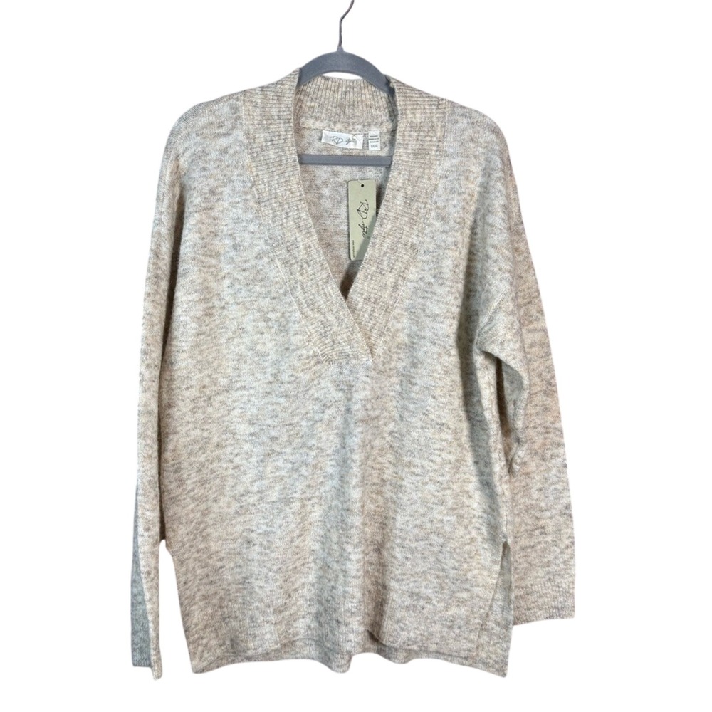 RD Style V-Neck Sweater Womens Large Beige‎ NWT Marled High-Low Hem Pullover